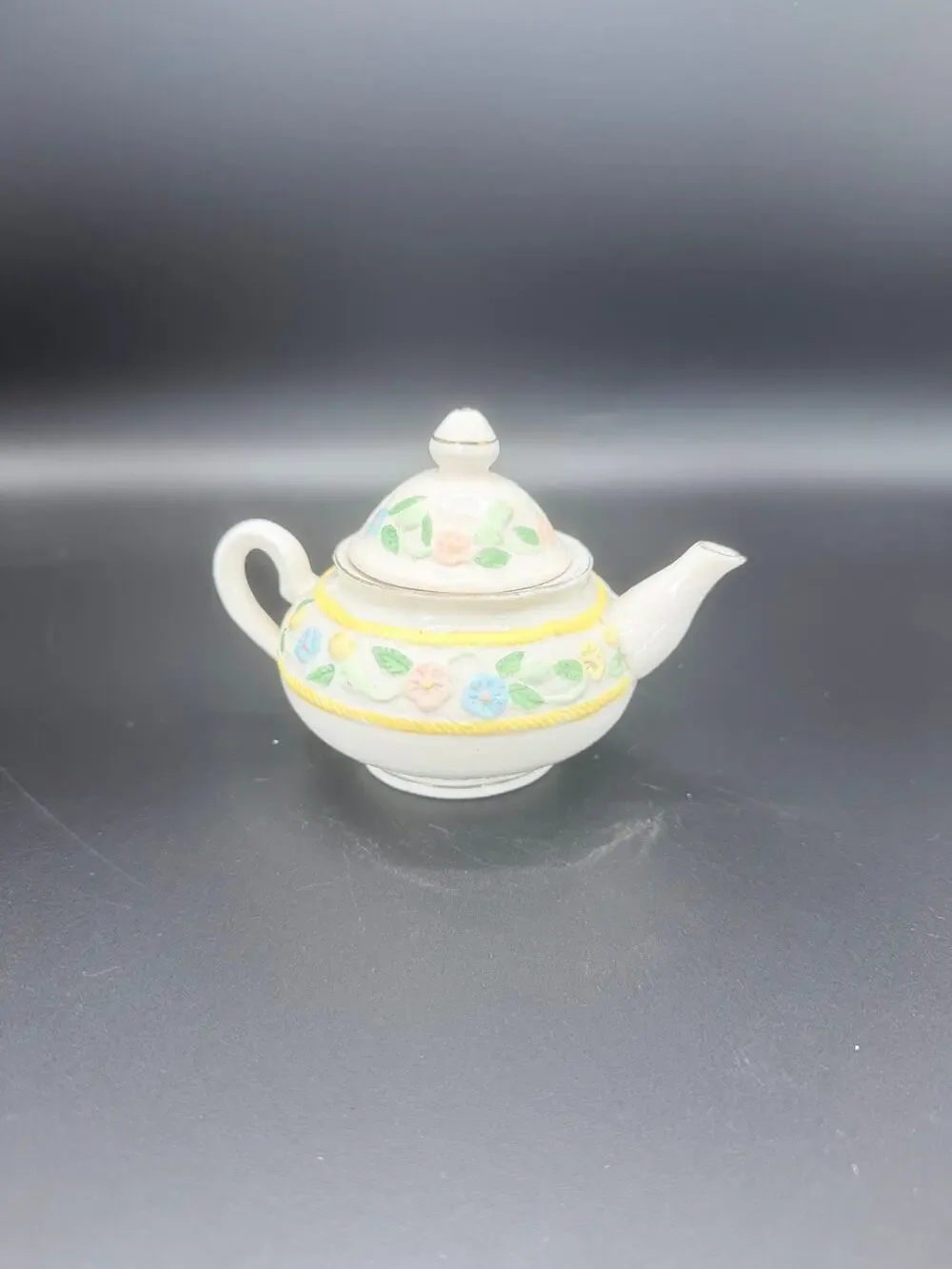 Floral Applique Ceramic Teapot Raised Flowers Yellow Rope Trim 6 Inch